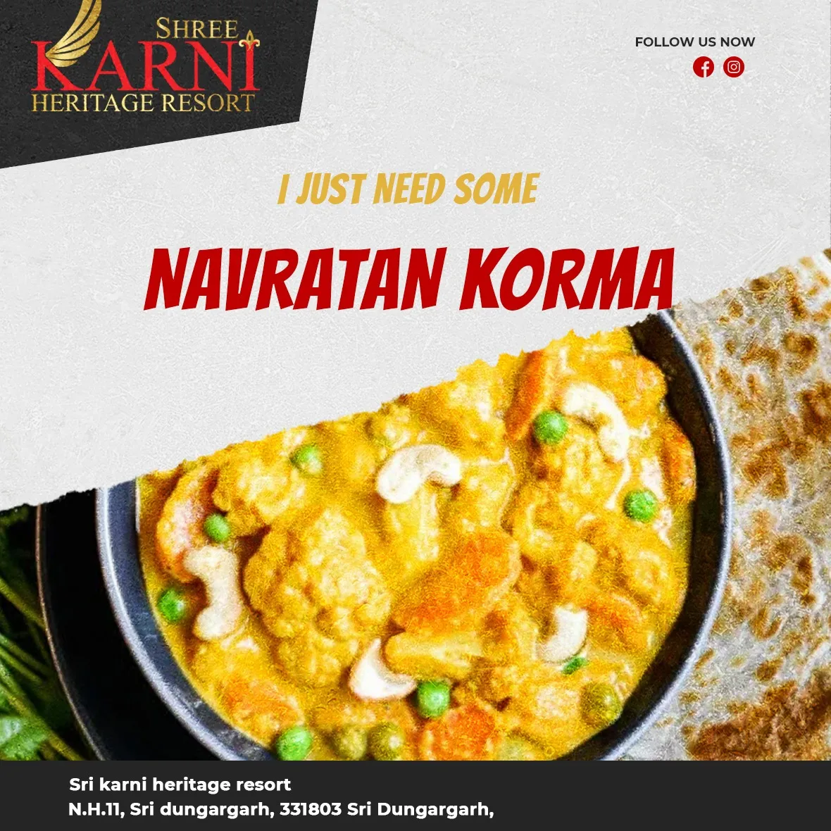 Signature Navratan Korma and Indian delicacies at Sri Karni Heritage Resort Restaurant